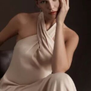 BHLD Ruby Twist Halter Satin Gown in Oyster